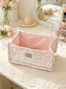 Cute Checkered Strawberry Home Storage Basket, Foldable Desktop Storage Bucket, Ribbon Bow Decoration, Miscellaneous Storage Basket, Makeup Bag - Multicolor - View 2