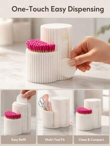 Matte Cream White Vertical Stripe Dual-Compartment Cosmetic Storage Box, Makeup Pads And Beauty Tool Organizer, Dual Independent Sections For Separating Pads And Small Beauty Tools To Keep Organized, Smooth Vertical Stripe Rounded Design Saves Desk Space, One-Piece Hollow Opening Supports One-Handed Easy Access To Supplies - Multicolor - View 2