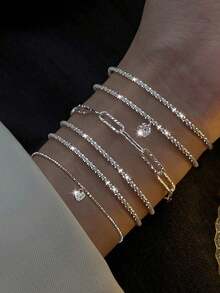 Juego de 6 pulseras con cadena de amor simple y strass para mujer, regalo para vacaciones, citas y Día de San Valentín - Plateado - Ver 5