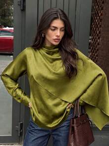 Women's Spring/Autumn Luxury Elegant Stand Collar Shawl-Style Satin Top, Asymmetrical Drape Wrap Stand Collar Design, Fluid Slimming Fit For Afternoon Tea, Commute And Travel - Green - View 3