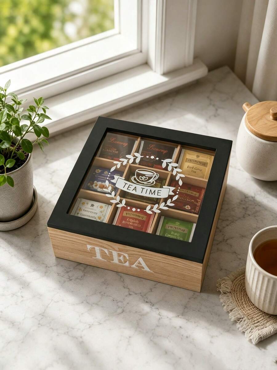 1pc Wooden Tea Box, Multiple Sizes Available, Tea Bag Compartment Storage Box, Coffee Bag Multifunctional Container, Transparent Flip Lid Desktop Tea Bag And Tea Leaf Storage Box, 9/4 Compartment Coffee Snack Tea Bag Organizer Box, Candy Storage Container, Creative Home Decor, Wooden Storage Box With Transparent Glass Lid, Black/White - Multicolor - View 1