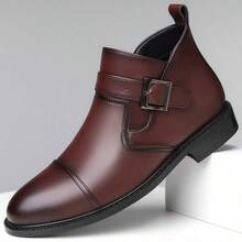 Men's Plus Size Buckle Ankle Boots With Side Zipper, Smooth Leather Upper, Round Toe, Low Chunky Heel, Business Formal Dress Shoes - Brown - View 18
