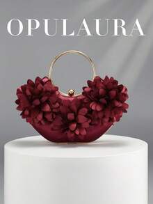OpulAura Women's Exquisite Charming Petal Evening Clutch Bag, Ruffle Design Handbag For Evening Gown, Suitable For Wedding/Vacation/Formal Party/Ball And Other Occasions, Comes With Chain, Random Petal Shape - Burgundy - View 1