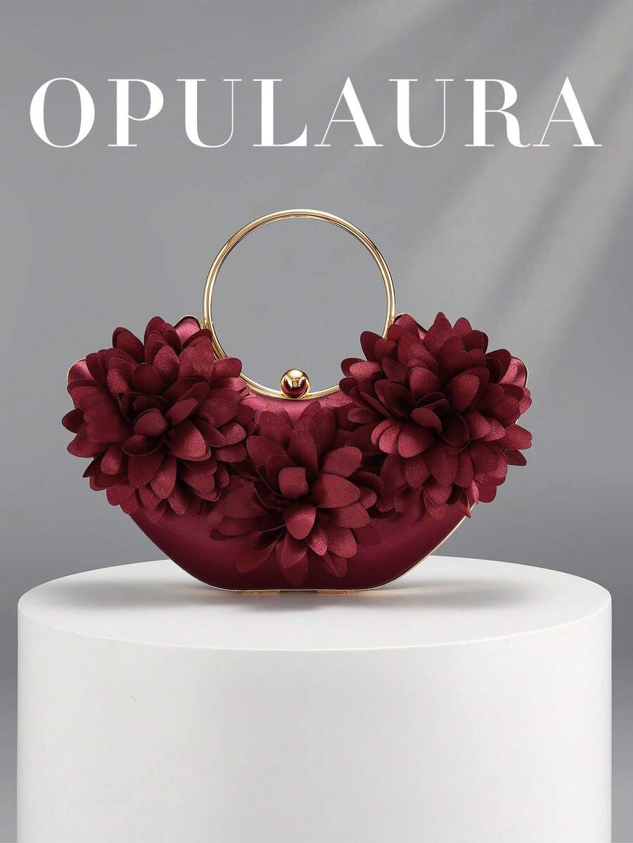OpulAura Women's Exquisite Charming Petal Evening Clutch Bag, Ruffle Design Handbag For Evening Gown, Suitable For Wedding/Vacation/Formal Party/Ball And Other Occasions, Comes With Chain, Random Petal Shape - Burgundy - View 1