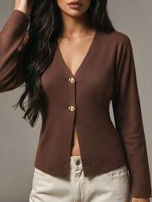 SEREN Fashion Women's Autumn/Winter Knitted Cardigan, V-Neck Long Sleeve Design With Button Details - Brown - View 4