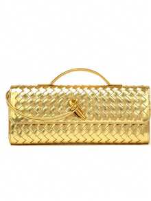 Women's Burgundy Woven Texture Long Clutch Bag, Gold Twist Lock Closure Slim Handle Evening Bag, Suitable For Parties - Multi-color - View 9