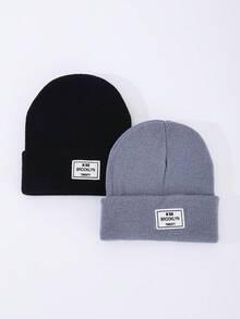 2pcs Women's Fashion Solid Color Versatile Fabric Label Beanie Knit Hat Warm Beanie Cap Suitable For Autumn/Winter Daily Wear And Travel - A - View 4