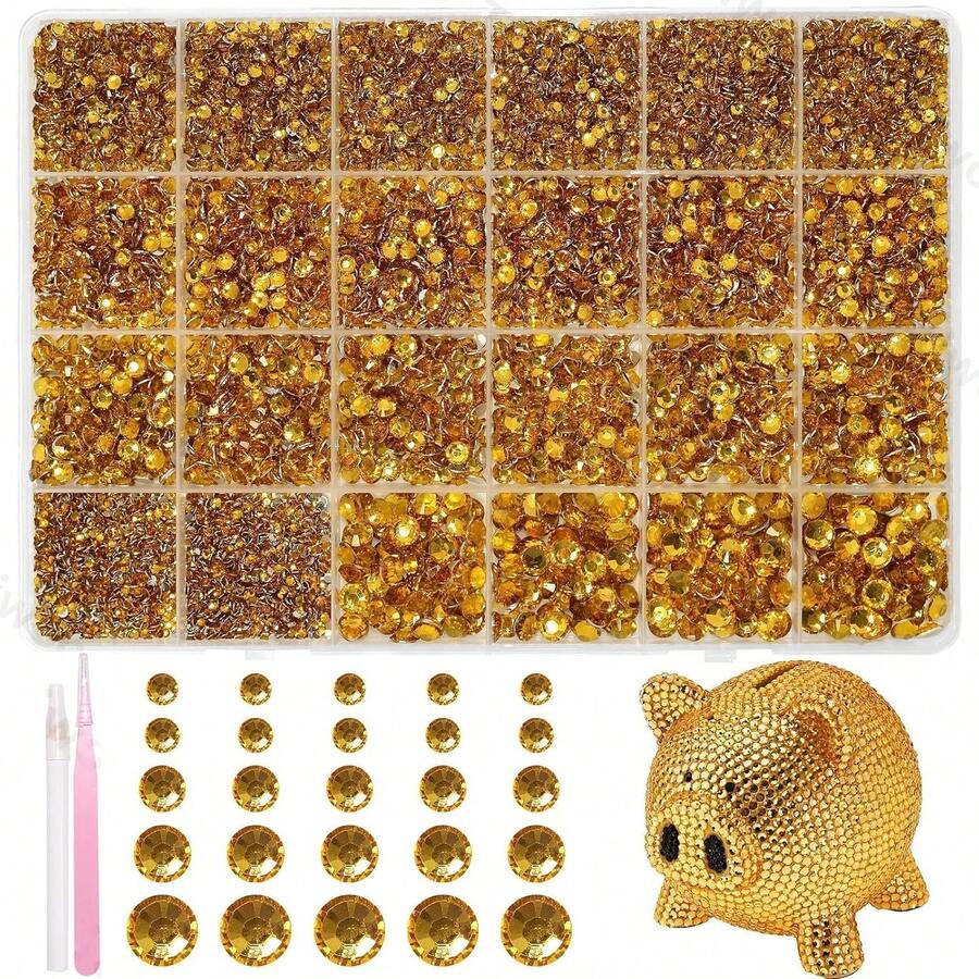 24pcs Gold Rhinestones, Stunning Handmade Clothing Decoration Set, Assorted Sizes Mixed Jelly Resin Gemstones, Gold Gemstone Decor, Flat Back Resin Rhinestones For Handmade Clothing DIY And Face Makeup - Golden Yellow - View 1