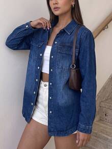 Women's Single-Breasted Utility Pocket Casual Elegant Long Sleeve Denim Jacket - Dark Wash - View 5