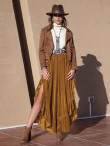 Women's Vintage Bohemian Style Velvet Ruffle Hem Split Wide Leg Long Pants - Yellow - View 4