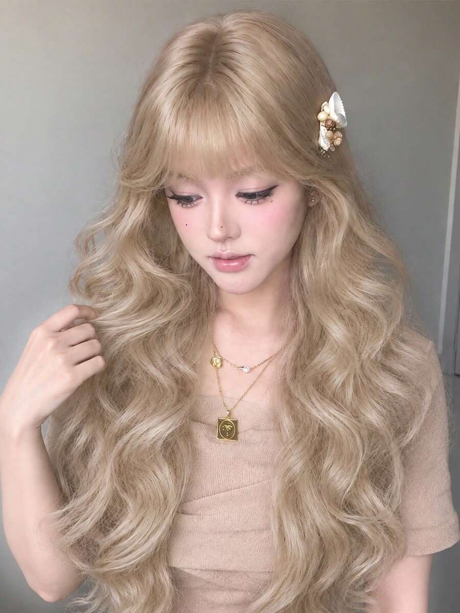alicegarden 30-Inch Long Synthetic Wig Featuring A Natural Wavy Style In A A Stunning Camel. Designed With Bangs , This False Hairpiece Is Perfect For Ms Daily Party Cosplay Use, Offering A Natural And Natural Durable Wig Gift For Ladies. (No Accessories) - Camel - View 1