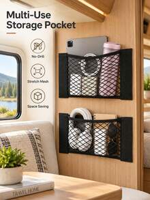Elastic Mesh Storage Bag With Adhesive Wall Mount - Sticky Organizer Bag For Mail, Letters, Documents, Perfect For Cabinet Doors, Car Trunk, Under Sink, Sofa Side And RV - Home, Kitchen And Travel Storage - Multicolor - View 8