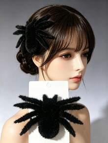 1pc Halloween New Black Large Plush Spider Hair Clip Creative Funny Decorative Hair Accessory - Multicolor - View 1