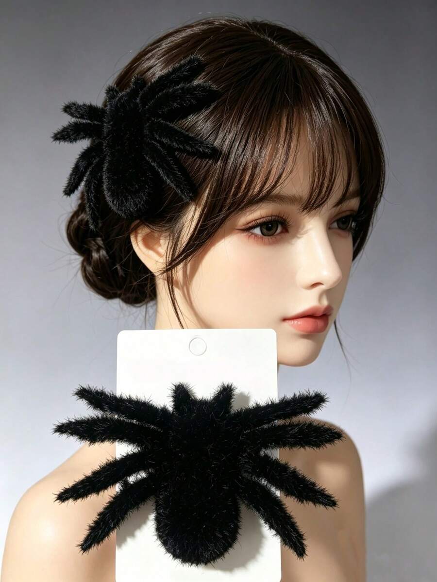 1pc Halloween New Black Large Plush Spider Hair Clip Creative Funny Decorative Hair Accessory - Multicolor - View 1
