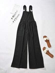 Women's Vintage Black Denim Sleeveless Long Jumpsuit With Buttons, Zipper Pockets, Fashionable Non-Stretch Fabric - Black - View 8