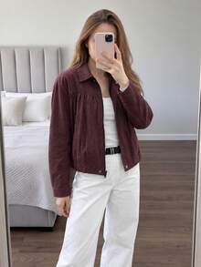 Women's Faux Suede Zip-Up Lapel Short Jacket With Chest Pleats And Long Sleeves, Suitable For Daily Wear In Autumn - Brown - View 4