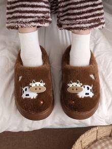 Winter Indoor Plush Slip-On Slippers For Women, Cartoon Cow Doll Decor, Fuzzy Bedroom Couple Slippers For Men And Women, Holiday Fun - Brown - View 4