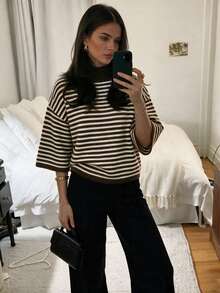 Women's Autumn New Color Block Striped Turtleneck Knit Sweater, Casual, College Style, Commuting - Dark Coffee - View 1
