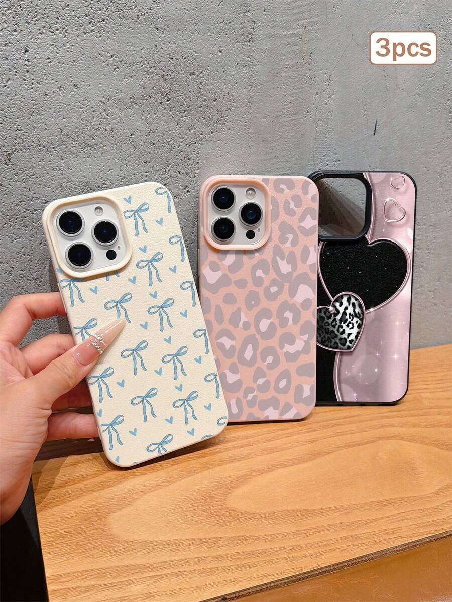 3件裝豹紋愛心蝴蝶結元素 TPU 防摔全包覆精準保護手機殼,適用 Apple 11/12/13/14/15/16/17 Pro Max - 彩色 - 查看 1
