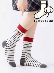 1 Pair Cute Cartoon Bear Embroidered Round Mouth Socks, Striped Print Contrast Color Cuff And Toe, Soft Cotton Women's Socks - Multicolor - View 4