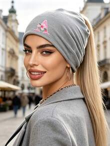 1pc Unisex A-Z Letters Thin Slouch Beanie Hat, Ponytail Design Hat For Women, ,Outdoor Skull Cap, Ideal For Spring/Autumn Streetwear - Grey - View 3