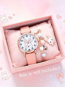 2pcs/Set Pink Girls Watch Cartoon Rabbit Pattern Decor Set, Best Choice For Birthday Gift - Pink - View 2