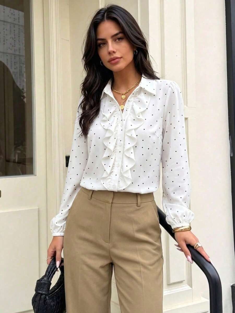 Women's White Polka Dot Ruffle Long Sleeve Shirt Fashion Polyester Regular Fit Blouse - White - View 1