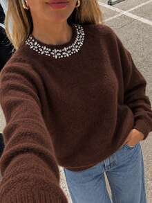 Women Cream Yellow Ruffle Mock Neck Knit Sweater Dot Texture Gold Cuff Button Slim Top For Floral Shop Daily Commute Autumn Winter Outfit - Brown - View 1