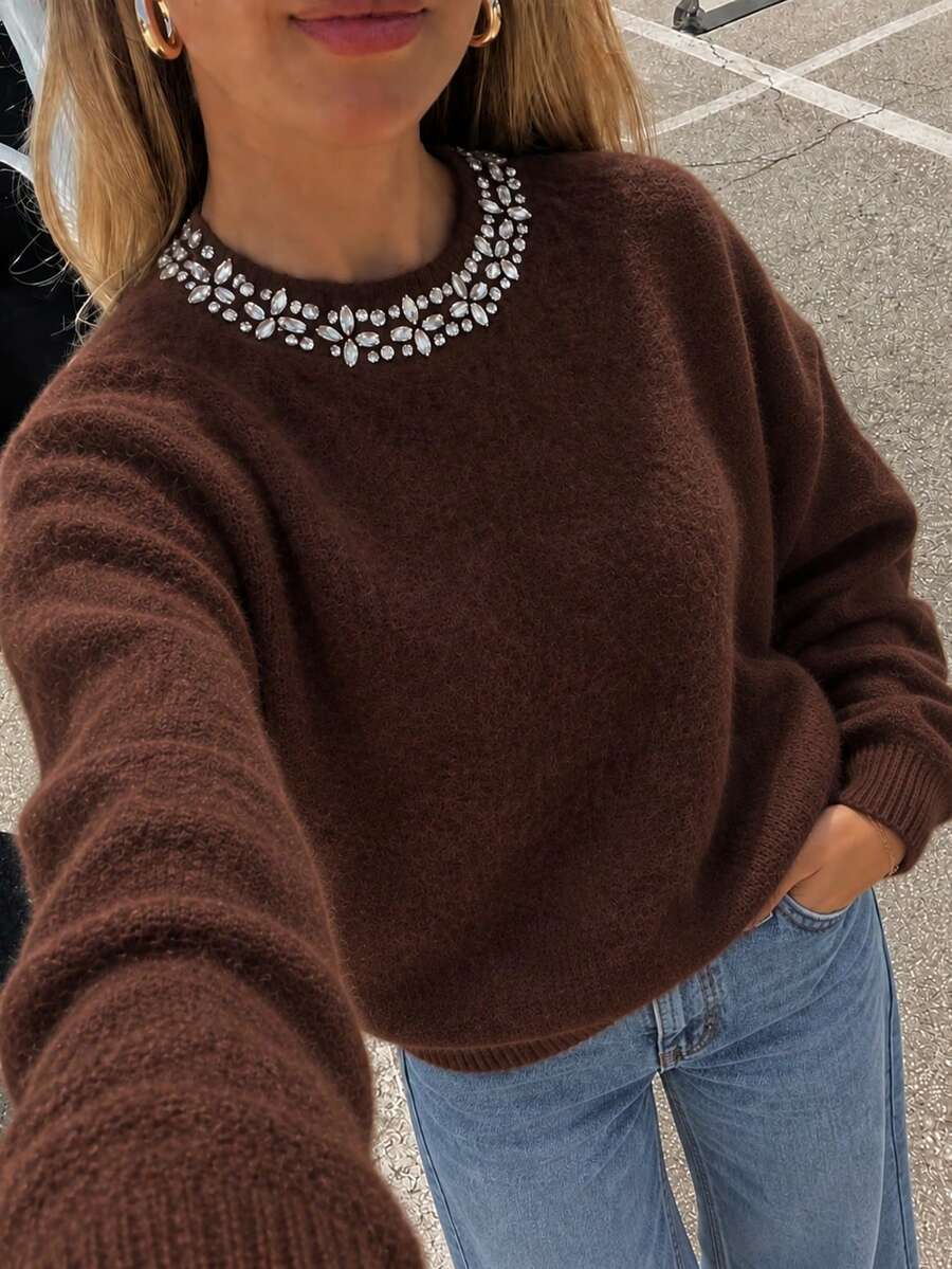 Women Cream Yellow Ruffle Mock Neck Knit Sweater Dot Texture Gold Cuff Button Slim Top For Floral Shop Daily Commute Autumn Winter Outfit - Brown - View 1