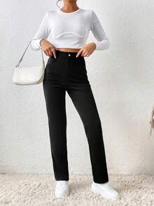 Xana Women Solid Color Daily Wear Straight Leg Pants Winter Black Casual Black Spring - Black - View 7