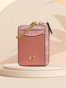 Coach Signature Canvas 拉鍊卡片包，女士金屬鏈條腕帶錢包，可愛女士手拿包零錢包 - 粉色 - 查看 6