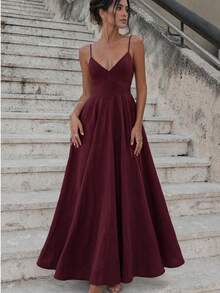 Women's Elegant Fashion Solid Color Fitted Spaghetti Strap Dress Party Summer - Burgundy - View 1