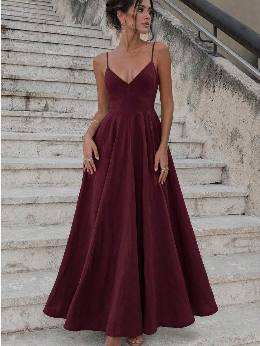 Women's Elegant Fashion Solid Color Fitted Spaghetti Strap Dress Party Summer - Burgundy - View 1