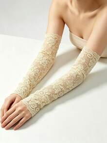 1 Pair Women's Lace Arm Sleeves, Elegant Breathable Solid Color Design, Summer Outing Cooling Arm Guards, Long Structured Random Style Suitable For Daily Commute And Party - A - View 3