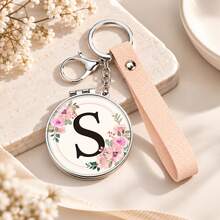 1pc 26 Letters Optional Floral Design Double-Sided Portable Makeup Mirror, 1X High Definition Mirror 180° Foldable PU Leather Pendant, Girls Bag Keychain Mirror/Bag Charm - Multicolor - View 30