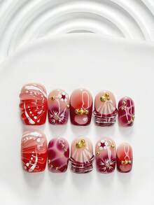 10pcs Autumn Vintage Red Handmade Press-On Nails, Polygel Nail Art Set, Shell Red Nail Polish, Traditional Chinese Shell Style, 3 Sizes Available, Square/Short Square/Almond Shape, Suitable For Party, Dancing, Daily Wear (Handmade Details May Vary) - Multicolor - View 16