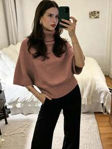 女款休閒秋冬純灰色高領蝙蝠袖針織上衣，收腰紋理設計，日常通勤辦公穿搭套頭衫 - 紅木色 - 查看 1