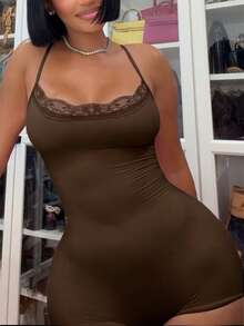 Women's Sexy Bold Avant-Garde Lace Patchwork Fitted Jumpsuit - Brown - View 7