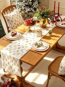 1pc Long Plush Table Runner With Gold Foil Edge & Dense Locked Stitching, Snowflake Christmas Tree & Reindeer Pattern, Suitable For Dining Room, Living Room Tabletop Decor, Holiday Gift & Party Decoration, Multiple Styles Available - White - View 8
