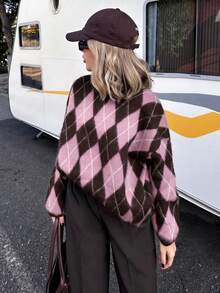 Women's Diamond Check Contrast Color Drop Shoulder Long Sleeve Loose Sweater - Medium Powder - View 2
