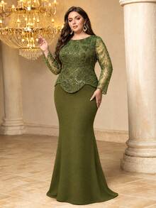 UNITHORSE[Random Cut]Round Neck Long Sleeve Sequin Patchwork Knit Evening Dress - Olive Green - View 3