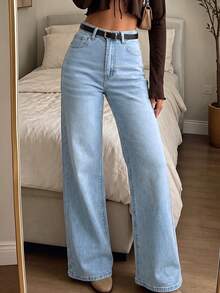 High Waist Washed Stretch Straight Leg Jeans, Casual Comfortable Daily Wear - Light Wash - View 2