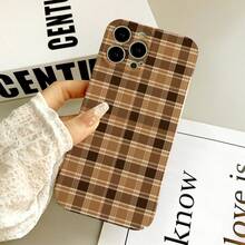 1pc Vintage Brown Coffee Earth Tone Plaid Film Phone Case, Autumn/Winter British Style Matte Texture Precise Cut Full Coverage Anti-Scratch Hard Protective Shell, Compatible With IPhone17/17Pro/17ProMax/16/16Plus/16ProMax/16e/15ProMax/11/12/12Pro/12ProMax/13/13Pro/13ProMax/14/14Pro/14ProMax - Film-fine Hole - View 1