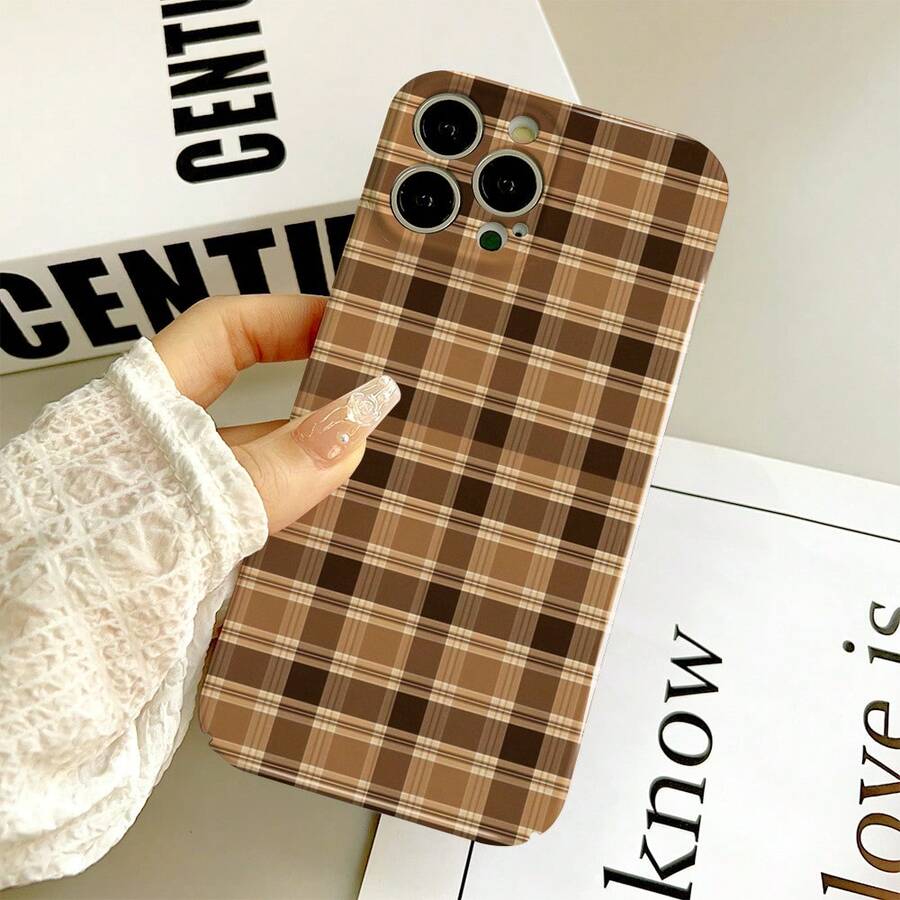 1pc Vintage Brown Coffee Earth Tone Plaid Film Phone Case, Autumn/Winter British Style Matte Texture Precise Cut Full Coverage Anti-Scratch Hard Protective Shell, Compatible With IPhone17/17Pro/17ProMax/16/16Plus/16ProMax/16e/15ProMax/11/12/12Pro/12ProMax/13/13Pro/13ProMax/14/14Pro/14ProMax - Film-fine Hole - View 1
