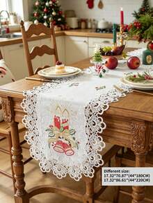 1pc 100% Polyester Christmas Table Runner With Lace Trim, Embroidered Red Candle, Bell And Holly Leaf Pattern, White Holiday Dining Table Decor, Suitable For Winter Party Home Decoration - White - View 18