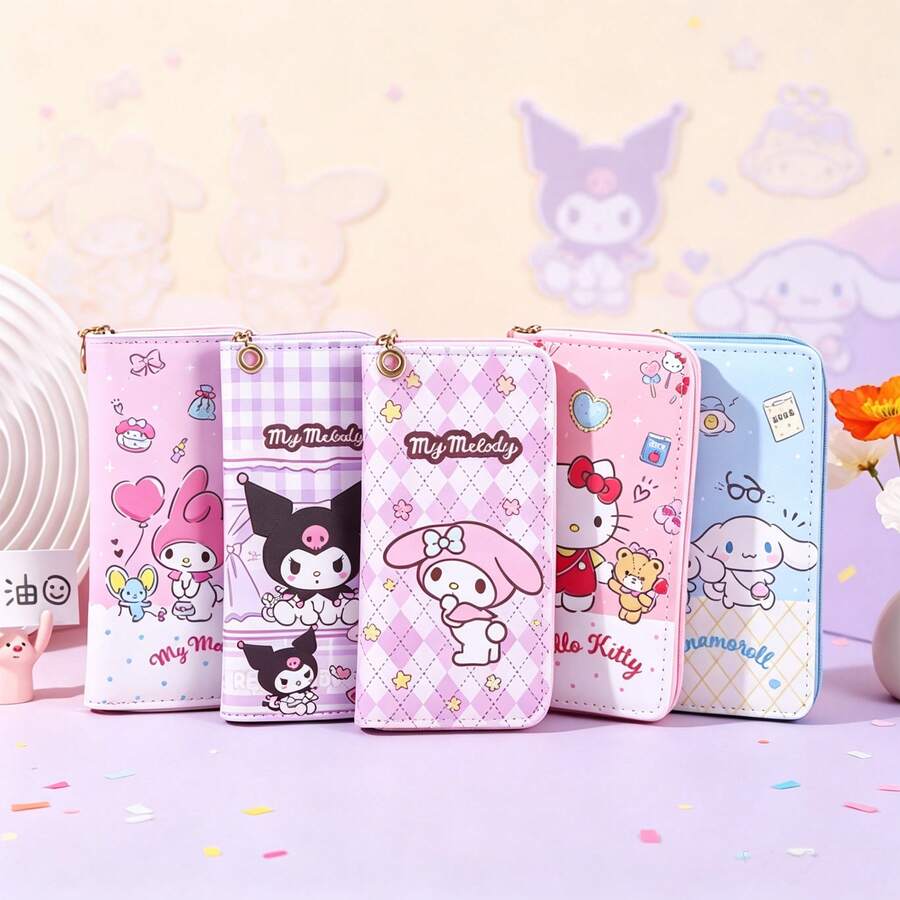 Mesuca Cute PU Leather Long Zipper Wallet, Kawaii Cartoon Character Print Multicolor Rectangular Purse Coin Card Holder Girls Birthday Gift - Multicolor - View 1