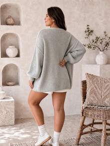 Women's Loose Solid Color Sweater, Casual Autumn/Winter Knitwear, Lantern Sleeve Design, Medium Fabric Thickness, Comfortable For Daily Wear - Grey - View 4