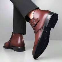 Men's Plus Size Buckle Ankle Boots With Side Zipper, Smooth Leather Upper, Round Toe, Low Chunky Heel, Business Formal Dress Shoes - Brown - View 5