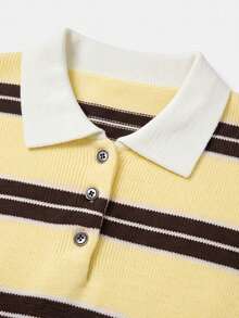 Women's Oversized Striped Polo Collar Casual Loose Fit American Preppy Style Autumn Knit Pullover - Yellow - View 5