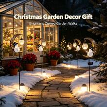 Garden Pathway Decorative Solar Light, Bronze Metal Moon & Snowman Design With Cracked Glass LED Bulbs, Outdoor Lawn Walkway Winter Season Decoration - Moon Snowman Black Hat Ground Stake - View 3